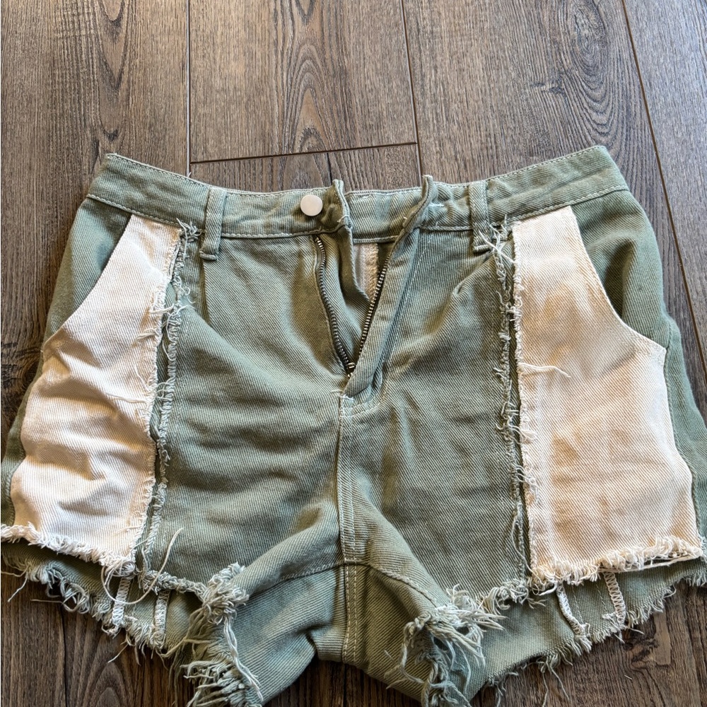 SHEIN Green and Cream Frayed Women's Shorts